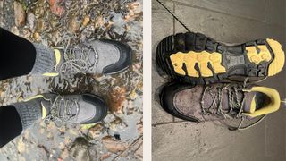 Double view of Susan Griffin testing Ariat walking shoes on boggy, muddy terrain and post-walk on wooden floor at home