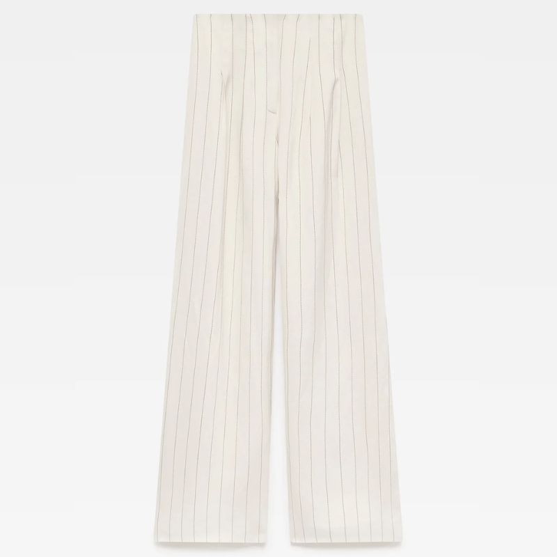 wide leg white trousers with black pinstripe