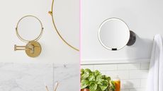 Two vanity mirrors, one from West Elm with a gold finish and the other black from Amazon, both in white bathrooms