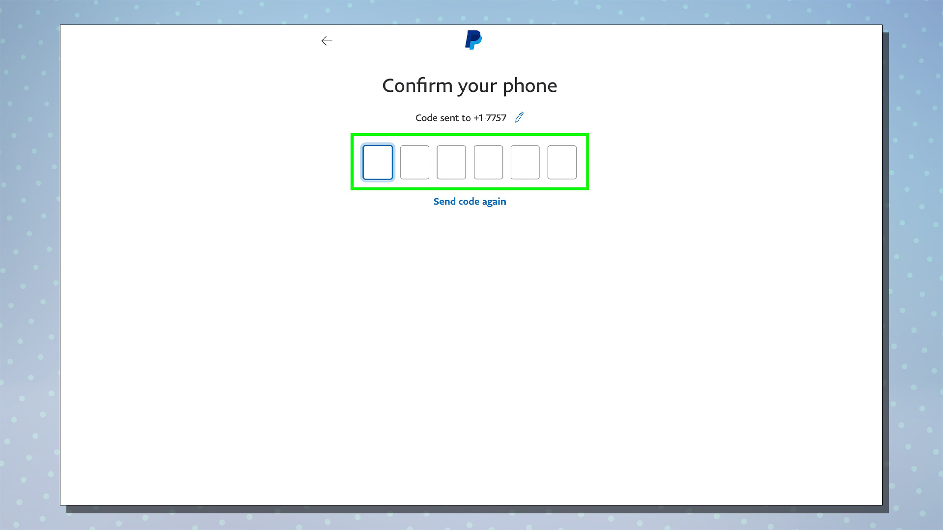 Скриншот, показывающий процесс настройки PayPal.  На этом экране отображается код подтверждения номера мобильного телефона.