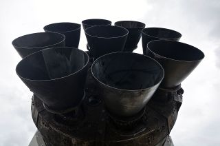 The nine SpaceX Merlin 1D rocket engines on the Falcon 9 first stage on display at Space Center Houston are preserved intact, as they were flown in 2017.