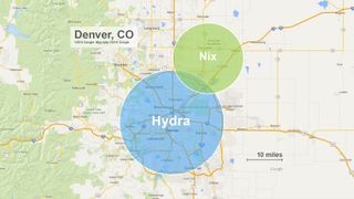 This image shows the approximate sizes of Pluto's moons Nix and Hydra as compared to the city of Denver, Colorado. The moons are depicted as circles here, but scientists say their true, irregular shapes will be revealed by NASA's New Horizons spacecraft after its July 14 flyby.