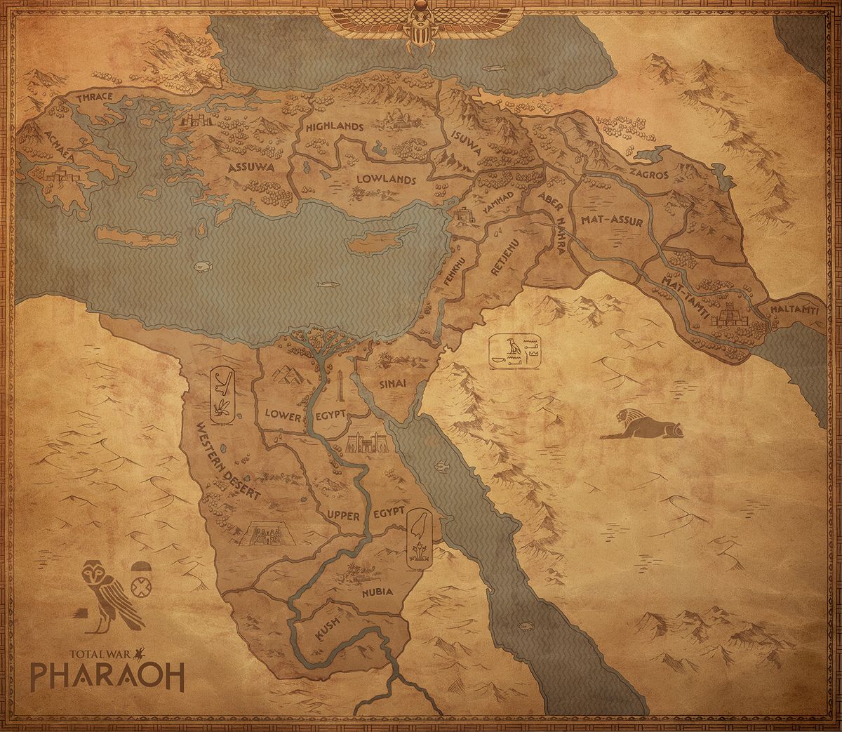 An in-development updated map artwork for Total War: Pharaoh&#039;s free update including the Aegean and Mesopotamia