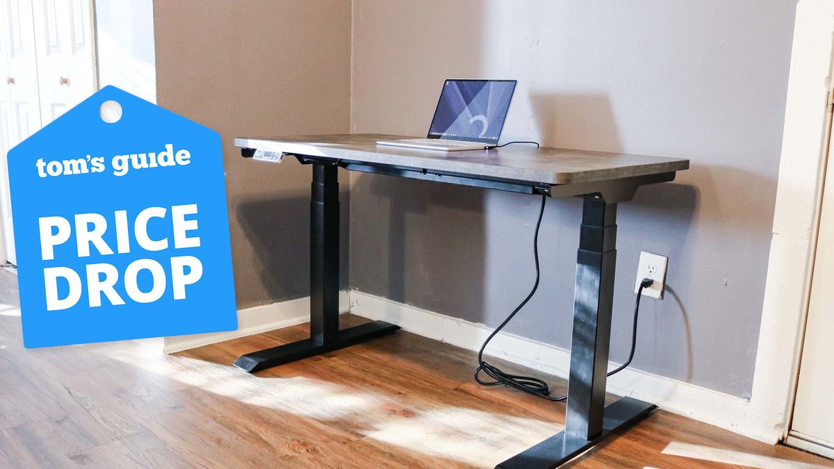 a standing desk with a deal badge