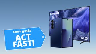 Samsung Galaxy Z Fold 7 and Samsung QLED QEF1 4K TV against gradient background with 'act fast' deal badge overlaid