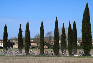 SIENA ITALY MARCH 08 LR Mischa Bredewold of Netherlands Femke Gerritse of Netherlands and Lorena Wiebes of Netherlands and Team SD Worx Protime and a general view of the peloton competing during the 11st Strade Bianche 2025 Womens Elite a 136km one day race from Siena to Siena 320m UCIWWT on March 08 2025 in Siena Italy Photo by Dario BelingheriGetty Images