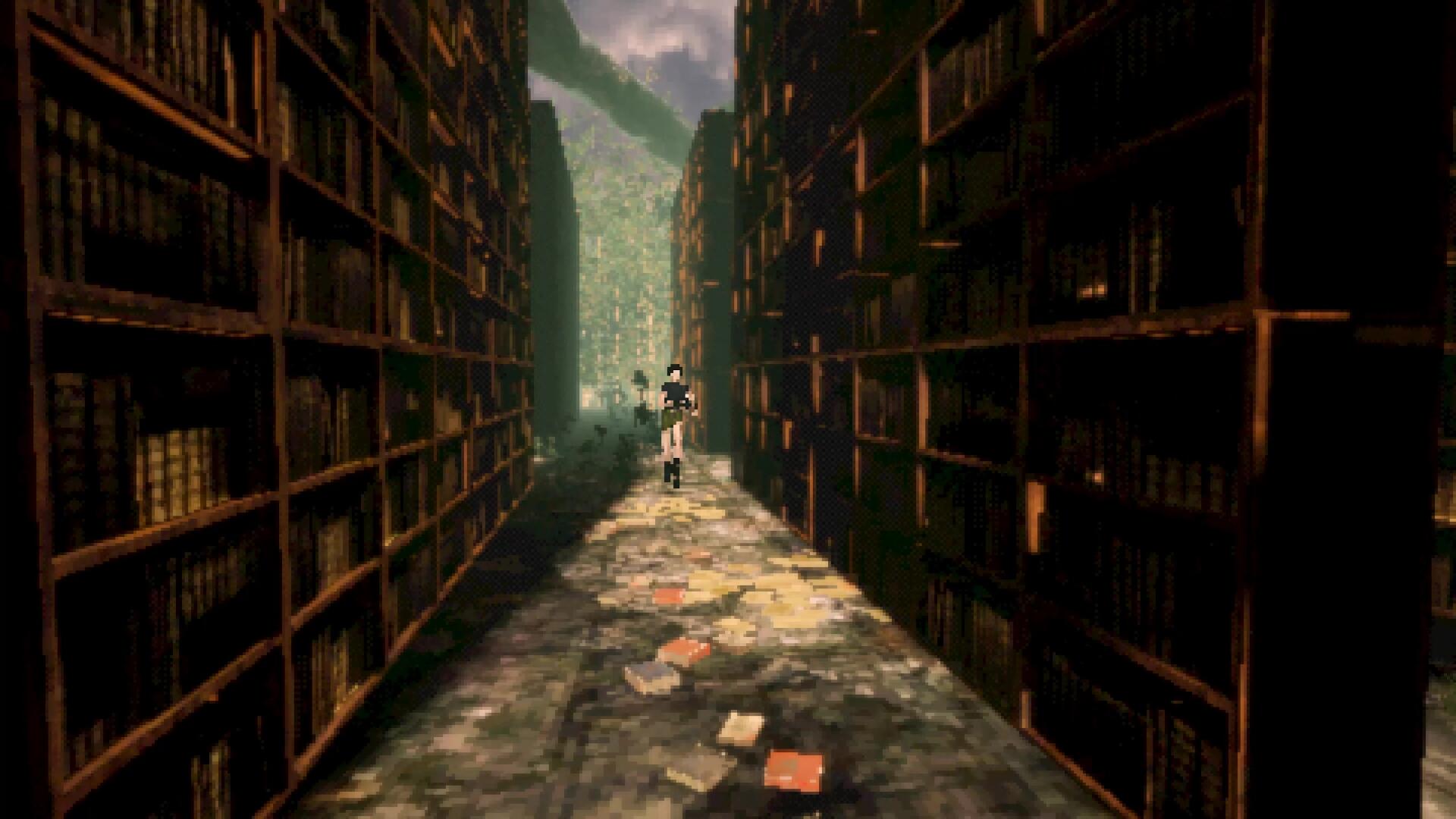 Sam runs between library shelves in Heartworm in a forest