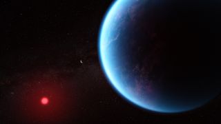 A blue planet with a distant red star in the background