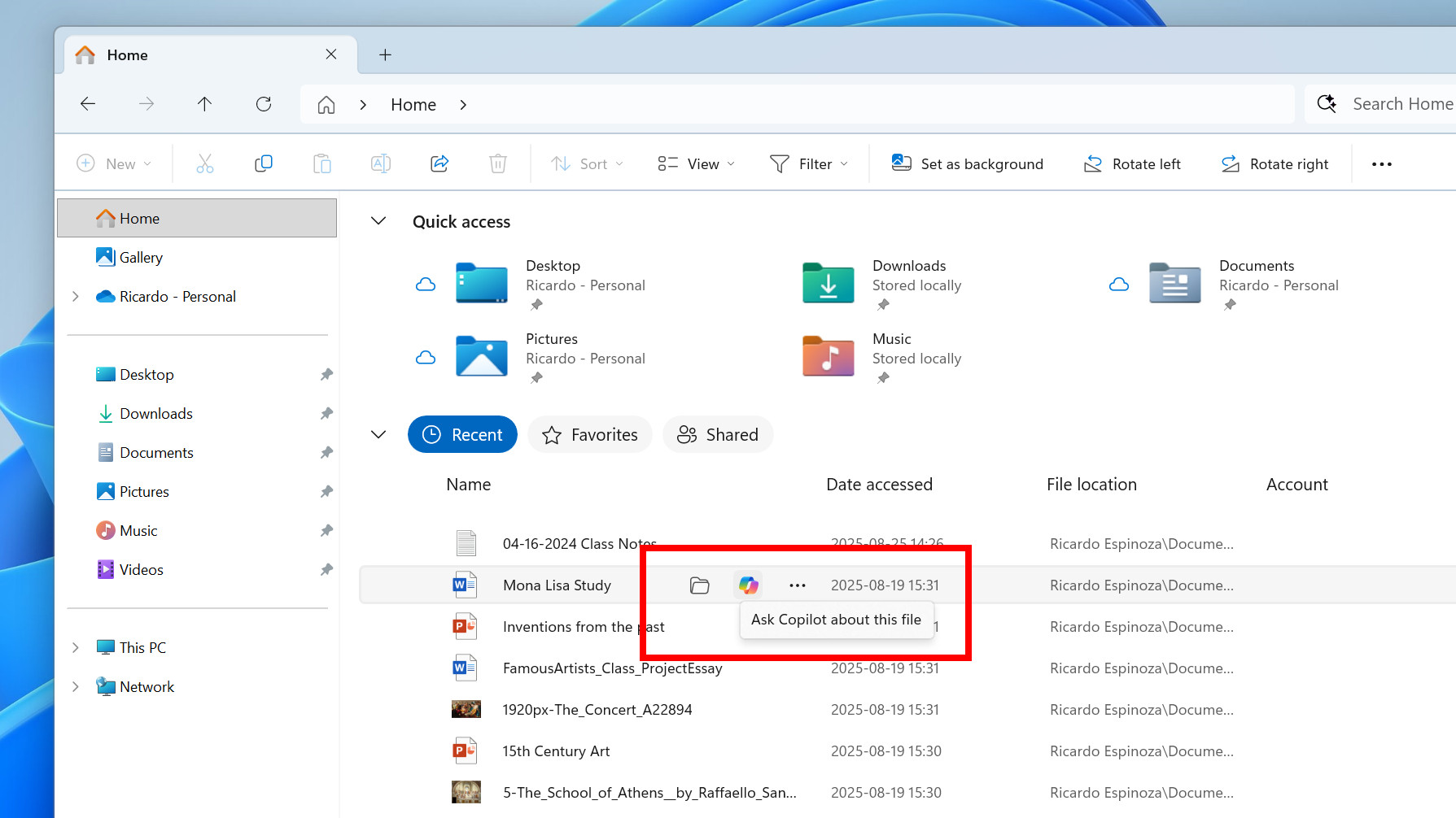 Windows 11 Ask Copilot dialog in File Explorer Home