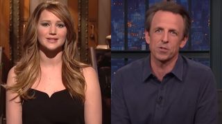 Jennifer Lawrence hosting Saturday Night Live in 2013/Seth Meyers on his talk show, Late Night with Seth Meyers.