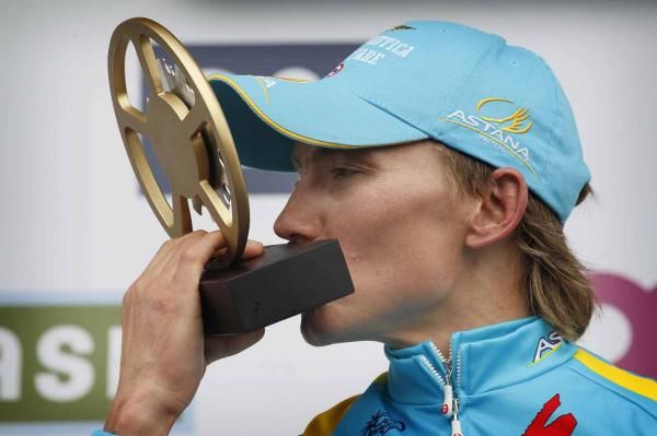 Maxim Iglinskiy (Astana) celebrates on the podium.