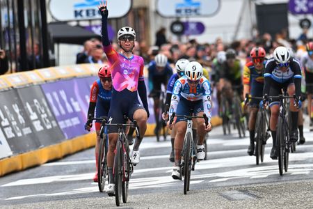 SCHOTEN BELGIUM APRIL 03 Lorena Wiebes of The Netherlands and Team SD WorxProtime celebrates at finish line as race winner during the 112th Scheldeprijs 2024 Womens Elite a 1305km one day race from Schoten to Schoten on April 03 2024 in Schoten Belgium Photo by Marc Van HeckeGetty Images