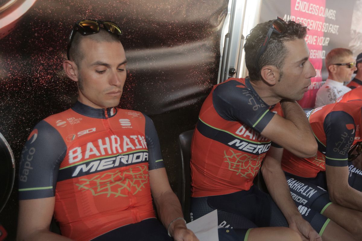 Valerio Agnoli of Bahrain-Merida relaxes back stage