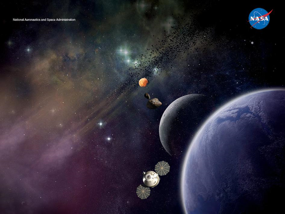 An artist&#039;s concept shows the Orion Multipurpose Crew Vehicle and future destinations for human exploration beyond Earth orbit: the moon, an asteroid and Mars.