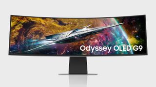En promobild på den välvda skärmen Samsung Odyssey OLED G9 som visas upp framifrån mot en vit bakgrund.