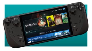 An image of a Valve Steam Deck handheld gaming PC against a teal background, with a white border