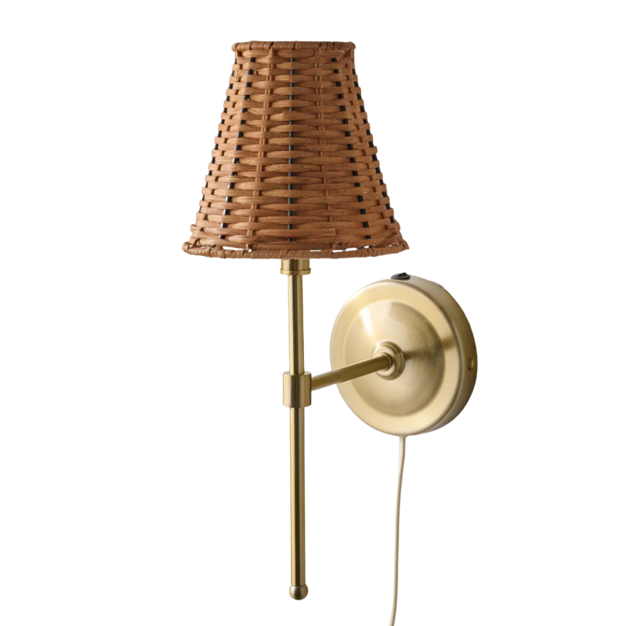 a wall sconce with a rattan shade