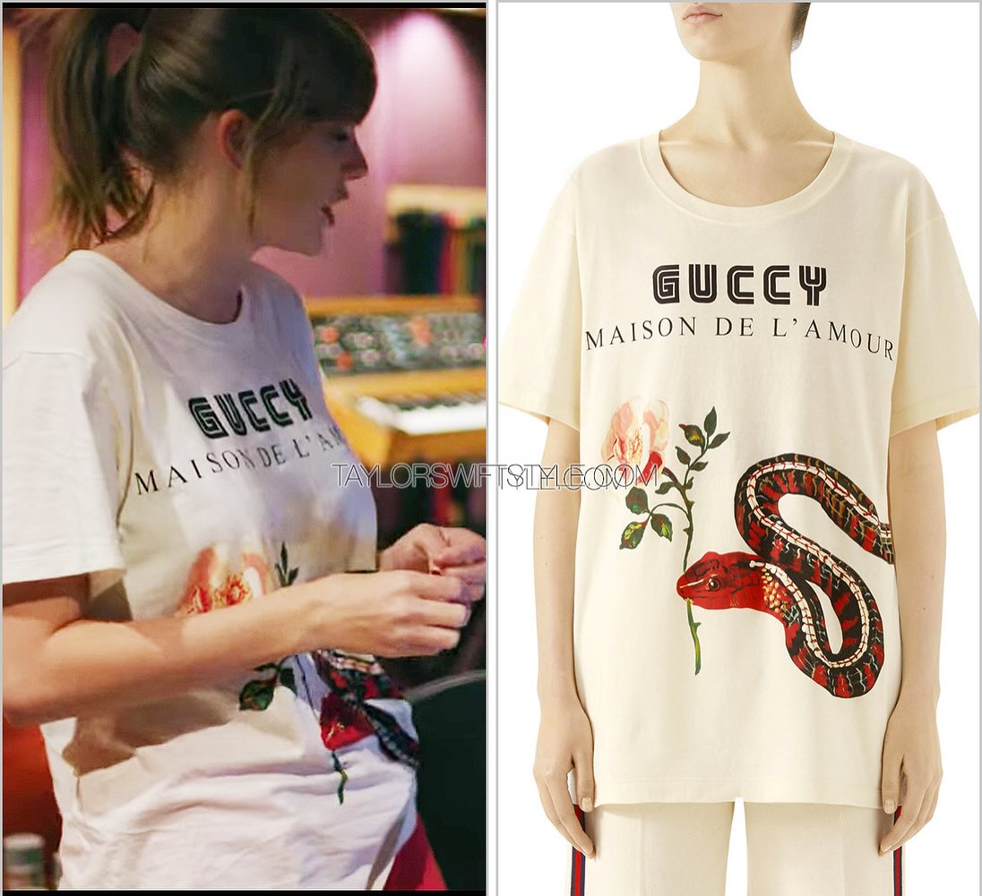Taylor Swift wearing a Gucci t-shirt in the Miss Americana documentary
