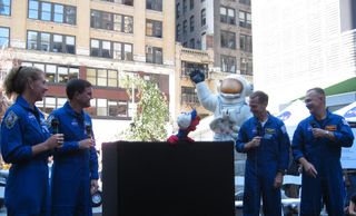 The STS-135 astronauts shared the stage Aug. 17, 2011 with Sesame Street's Elmo, who asked them questions about life in space during the "What's Your Favorite Space?" event at New York's Eventi Hotel.