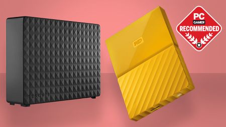 An image of the best external hard drives on a red background with the PC Gamer recommended badge