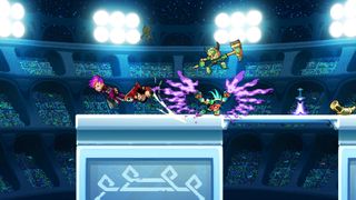 Local multiplayer games — deities face pirates and cyberpunk gunners in a Brawlhalla grudge match.