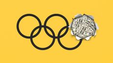 Olympic rings logo with one ring torn open to reveal a pile of dollar bills