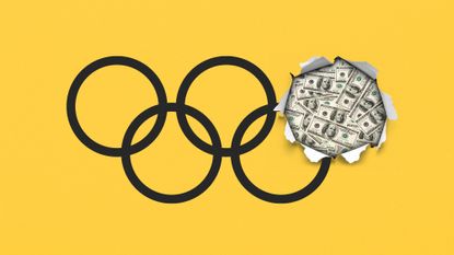 Olympic rings logo with one ring torn open to reveal a pile of dollar bills