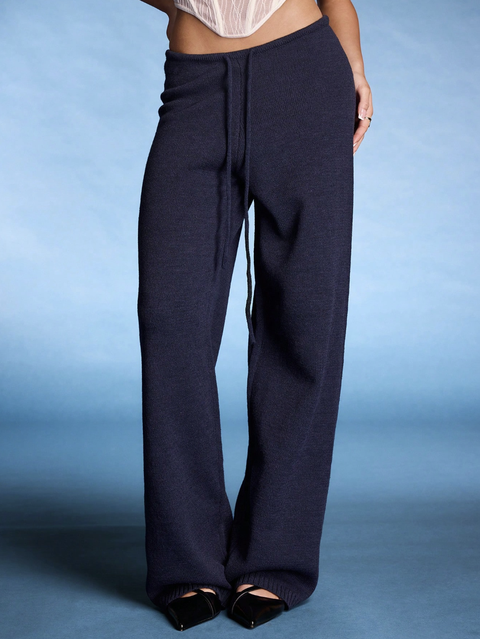NORMANI, Low Rise Drawstring Waist Rib Knit Wide Leg Casual Trousers