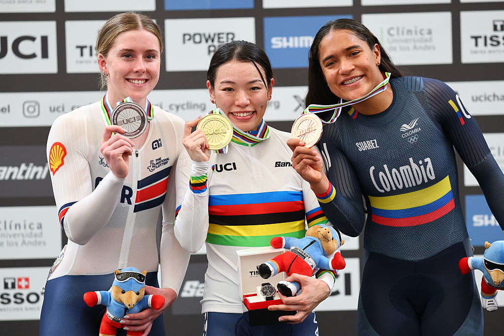 SANTIAGO, CHILE - OCTOBER 26: (L-R) Silver medalist Emma Finucane of Great Britain, gold medalist MIna Sato of Japan and bronze medalist Lorena Cuadrado of Colombia pose during the medal ceremony in Women's Keirin during 2025 UCI Track World Championships at Velodromo de Peñalolén on October 26, 2025 in Santiago, Chile. (Photo by Marcelo Hernandez/Getty Images)