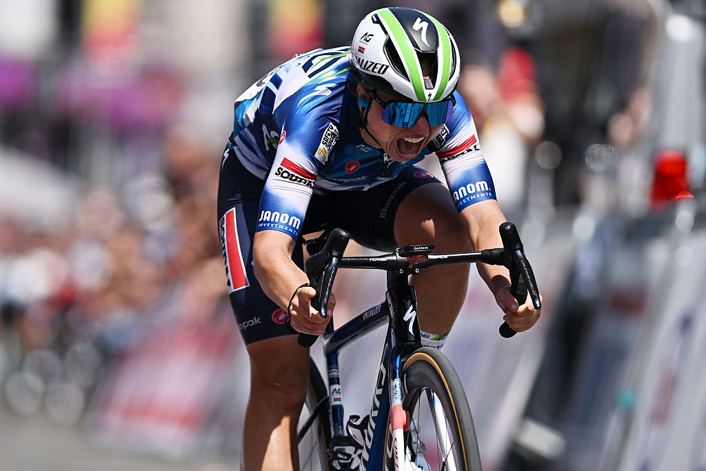 BINCHE, BELGIUM - JUNE 29: Race winner Justine Ghekiere of Belgium sprints at finish line during the 126th Belgian Road Championship 2025 - Women's Road Race a 132.8km one day race from Binche to Binche on June 29, 2025 in Binche, Belgium. (Photo by Luc Claessen/Getty Images)