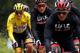 TIGNES FRANCE JULY 04 Tadej Pogaar of Slovenia and UAETeam Emirates yellow leader jersey Davide Formolo of Italy and UAETeam Emirates during the 108th Tour de France 2021 Stage 9 a 1449km stage from Cluses to Tignes Monte de Tignes 2107m LeTour TDF2021 on July 04 2021 in Tignes France Photo by Chris GraythenGetty Images