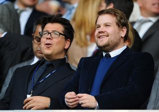 Comedians Michael McIntyre and James Corden watch Tottenham against West Ham at White Hart Lane in 2013.