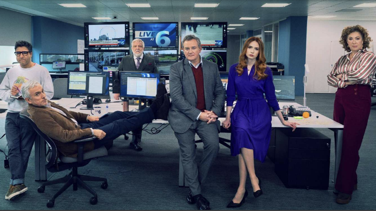 Morgan (Nick Mohammed), Toby (Ben Miles), Bently (Simon Russell Beale), Douglas (Hugh Bonneville), Madeline (Karen Gillan) and Sheila (Alex Kingston) in a newsroom in Douglas Is Cancelled