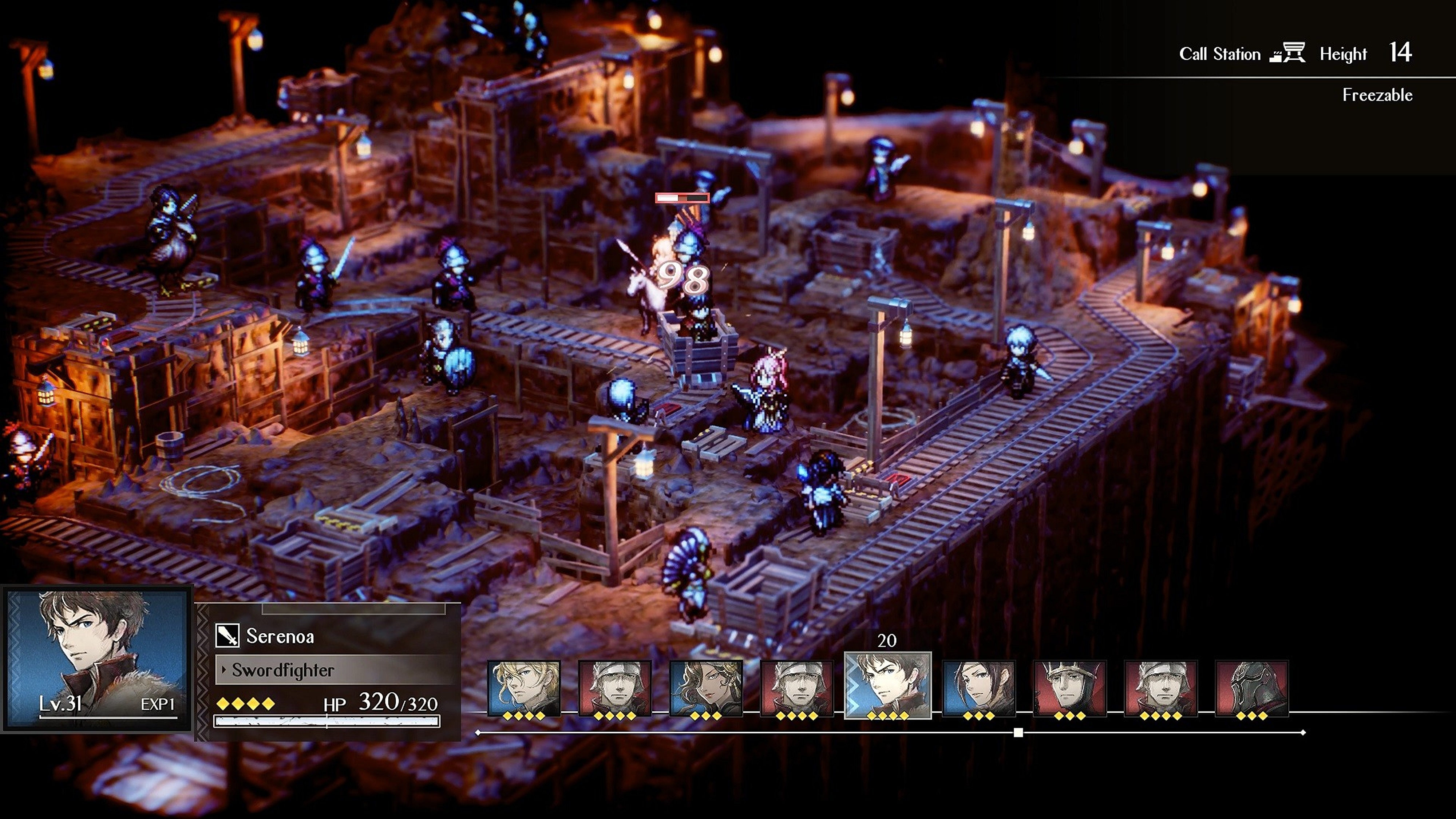 In-game screenshot of a battle being waged in a mine in Triangle Strategy.