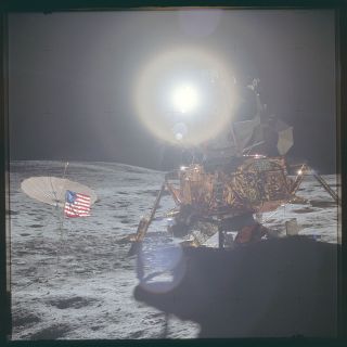 Raw, unprocessed photo of the Apollo 14 lunar module "Antares" taken on the moon in 1971.