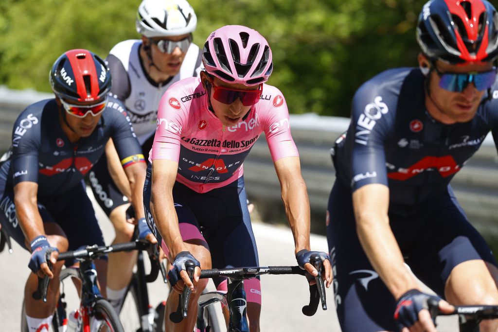 Overall leader Team Ineos rider Colombias Egan Bernal C rides during the tenth stage of the Giro dItalia 2021 cycling race 139 km between lAquila and Foligno on May 17 2021 Photo by Luca Bettini AFP Photo by LUCA BETTINIAFP via Getty Images