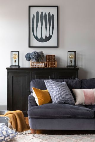 Grey living room with dark grey sofa