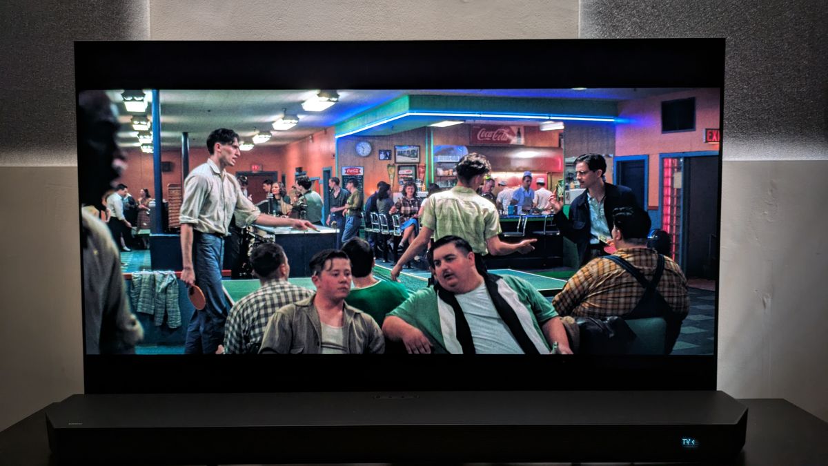 Marty Supreme 4K Blu-ray on LG G5 showing Marty and two other patrons in a pool hall