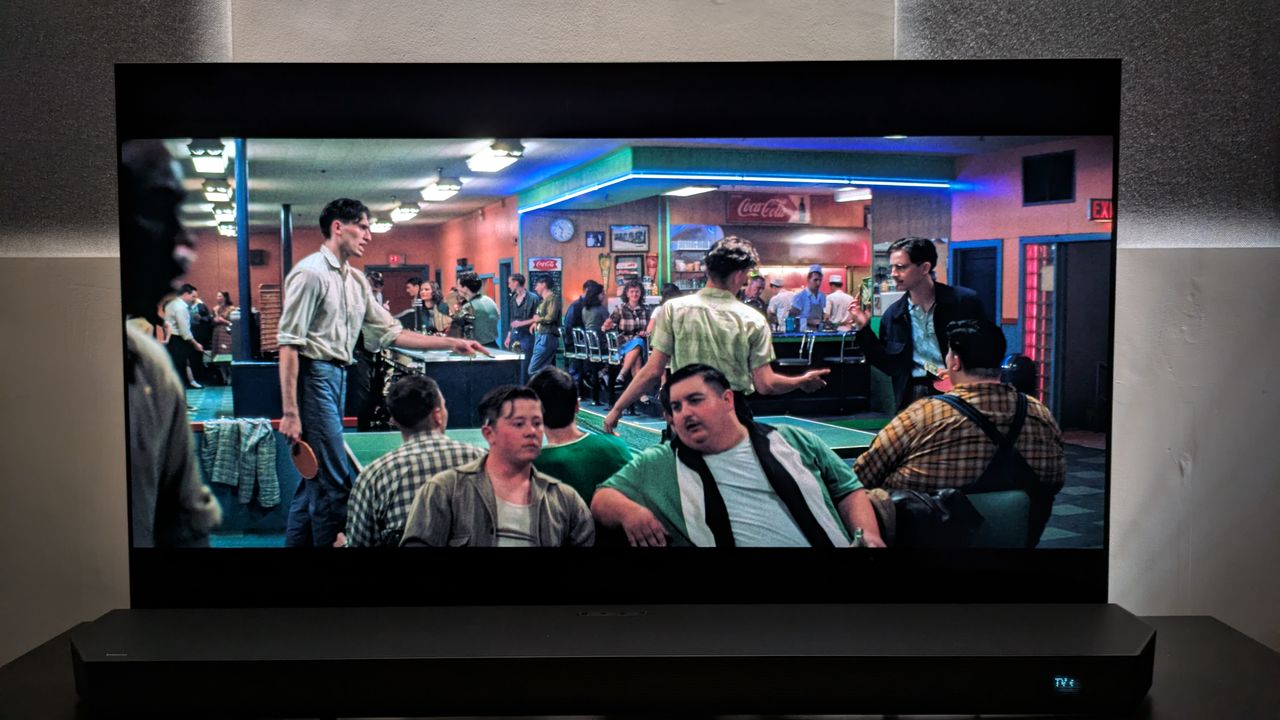 Marty Supreme 4K Blu-ray on LG G5 showing Marty and two other patrons in a pool hall