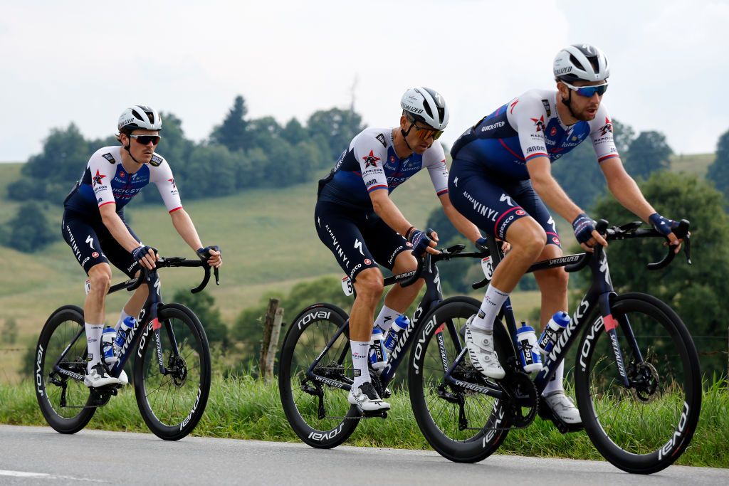 SANOK POLAND AUGUST 02 LR Mauro Schmid of Switzerland and Zdenek Stybar of Czech Republic and Team QuickStep Alpha Vinyl compete during the 79th Tour de Pologne 2022 Stage 4 a 1794km stage from Lesko to Sanok TdP22 WorldTour on August 02 2022 in Sanok Poland Photo by Bas CzerwinskiGetty Images