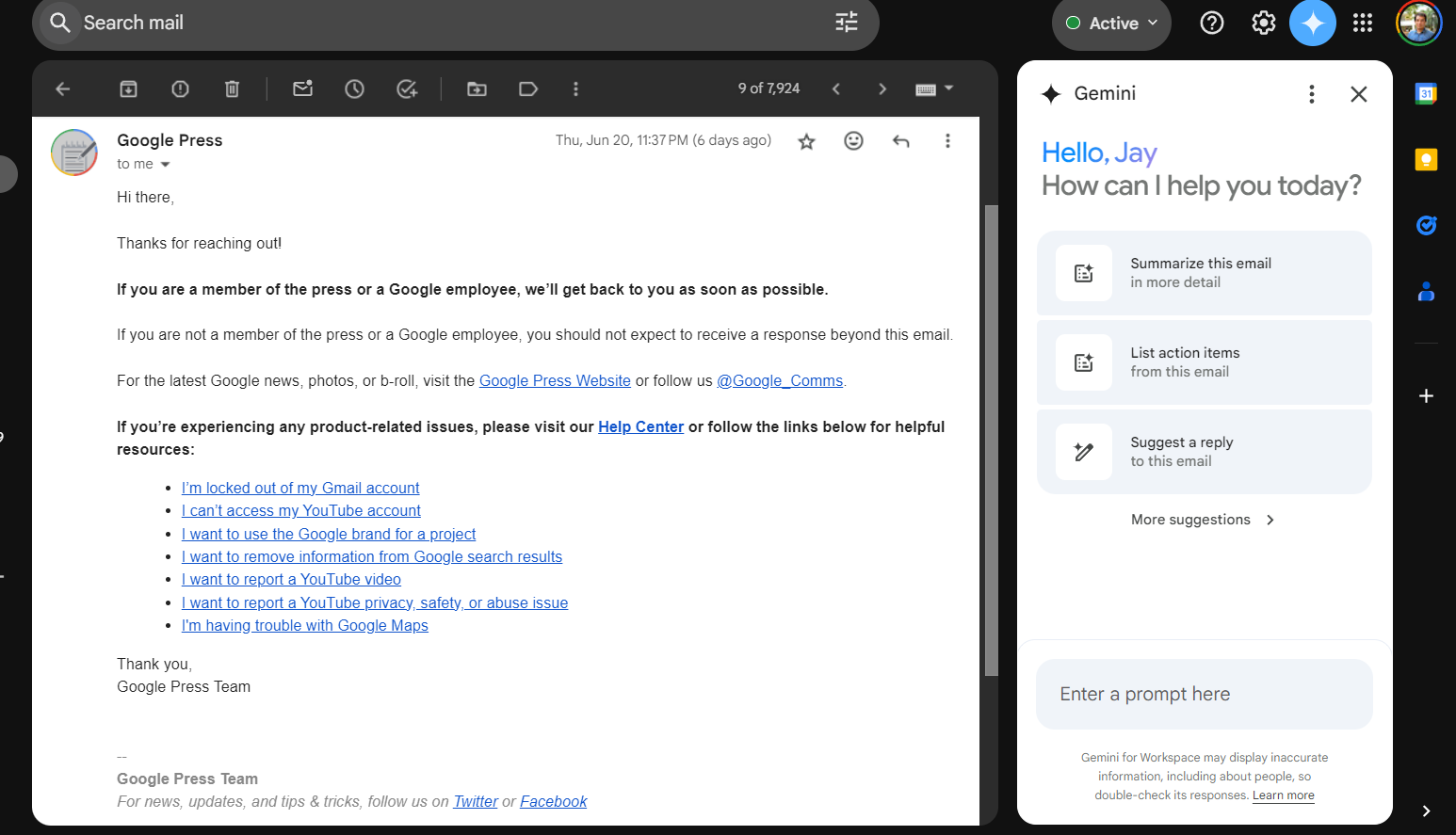 Gemini side panel in gmail on the web