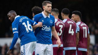 James Tarkowski and Abdoulaye Doucoure of Everton during the Premier League match between Everton FC and Aston Villa at Goodison Park on January 14, 2024 in Liverpool, England.