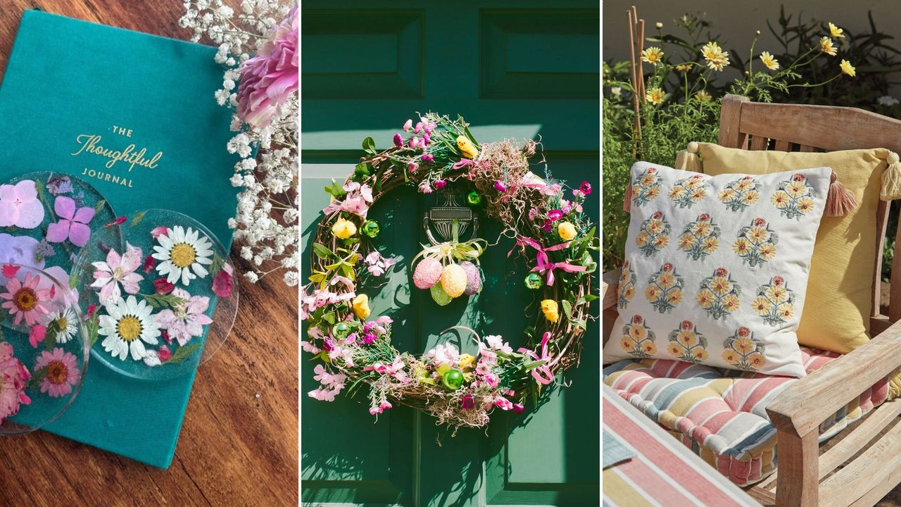 Easy spring DIY ideas are so pretty. Here are three of these - A birds eye view of a teal blue journal on a wooden table with three pressed flower coasters on top of it and white and pink flowers next to it, a dark green front door with a colorful floral wreath with ribbons, pink and yellow flowers, green ornaments, and spring chick decorations, and throw pillows - one yellow and one white with yellow bouquet patterns - on a wooden garden chair with a pastel colored seat cushion with a striped dining table in front of it and grass with yellow wildflowers 