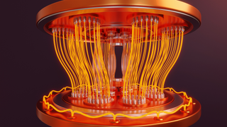 Tower of device made of copper discs connected by glowing wires and vacuum tubes. Illustration of the concept of quantum computer and computing