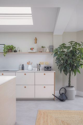 open plan kitchen ideas with sky light in neutral kitchen