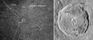 Left panel: The intense bright spot at the upper right is Cassini's Bright Spot, a feature so prominent that some people can see it with unaided eyes. The circular crater to its left is named Hell. The large crater near the bottom is Tycho. The dark crater at top left is Pitatus. Right panel: This composite image of the crater Atlas, taken in 1967 by the Lunar Orbiter 4 spacecraft, shows two dark patches inside the crater, toward the top and to the lower right. Most apparent during full moons, the spots are thought to be pyroclastic ash deposited by volcanic eruptions after the crater was formed.