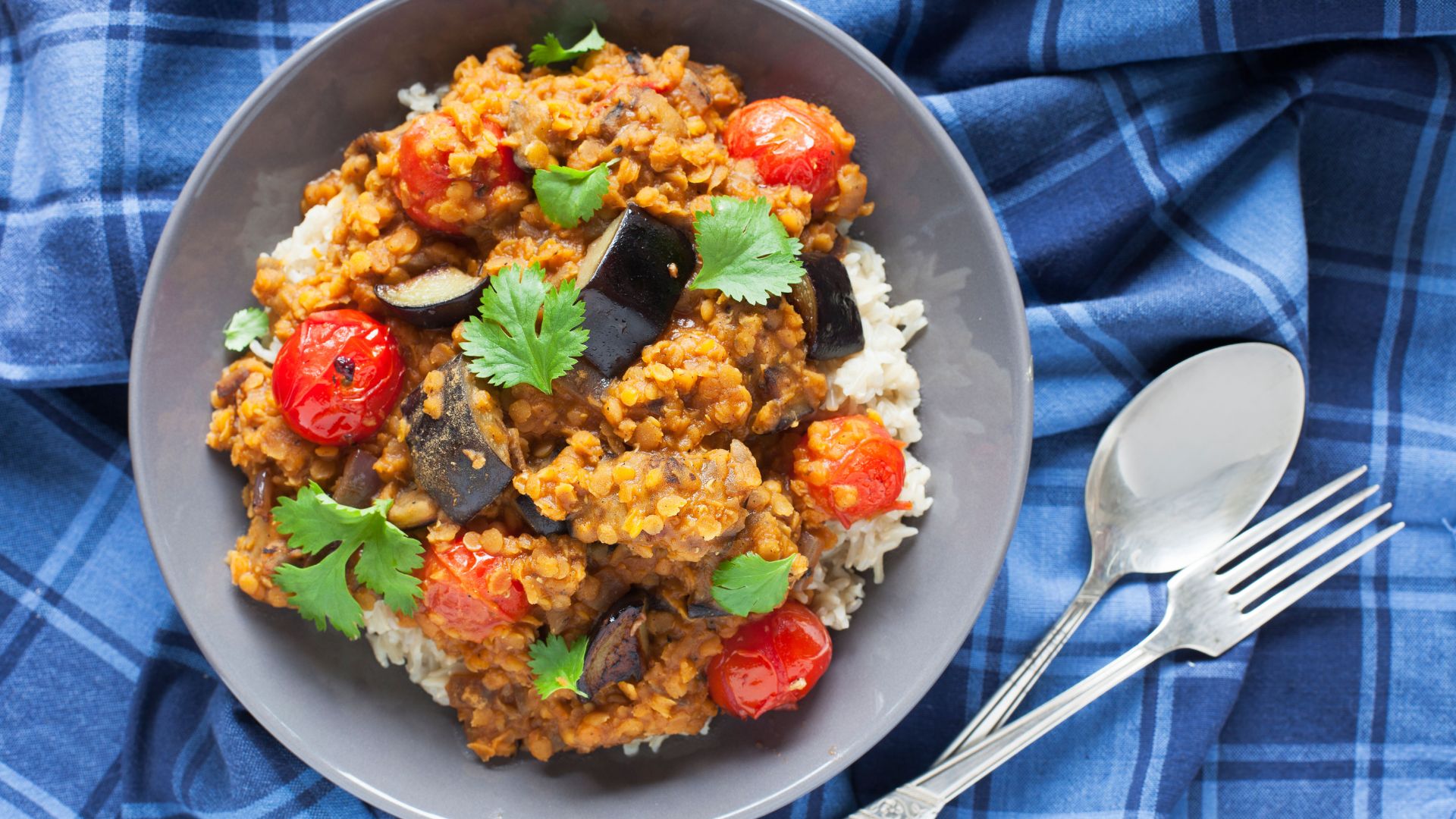 A plate of vegetable curry on a blue tablecloth