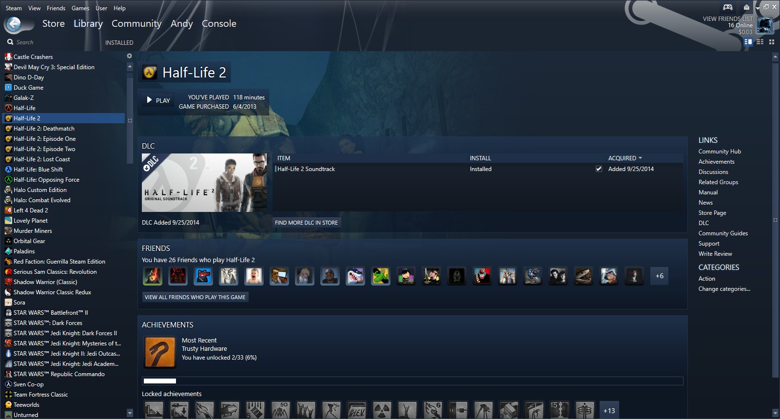 Peau Steam Plexed montrant la page Half-Life 2 dans la bibliothèque d'un utilisateur