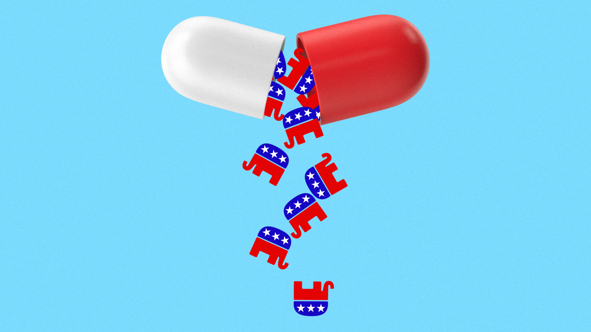 Illustration of a pill split in two with GOP elephant icons spilling out