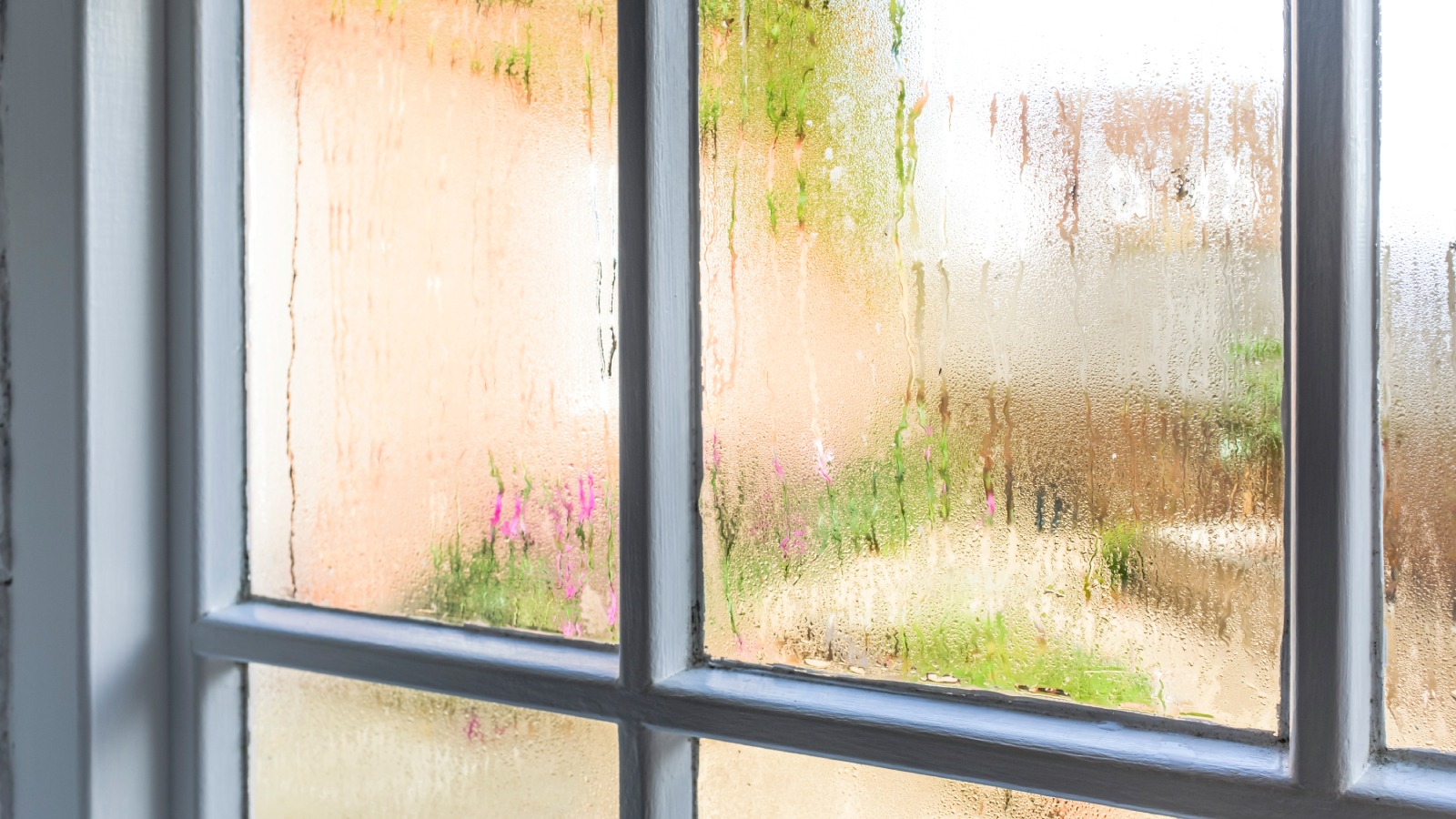 small paned window with condensation on panels